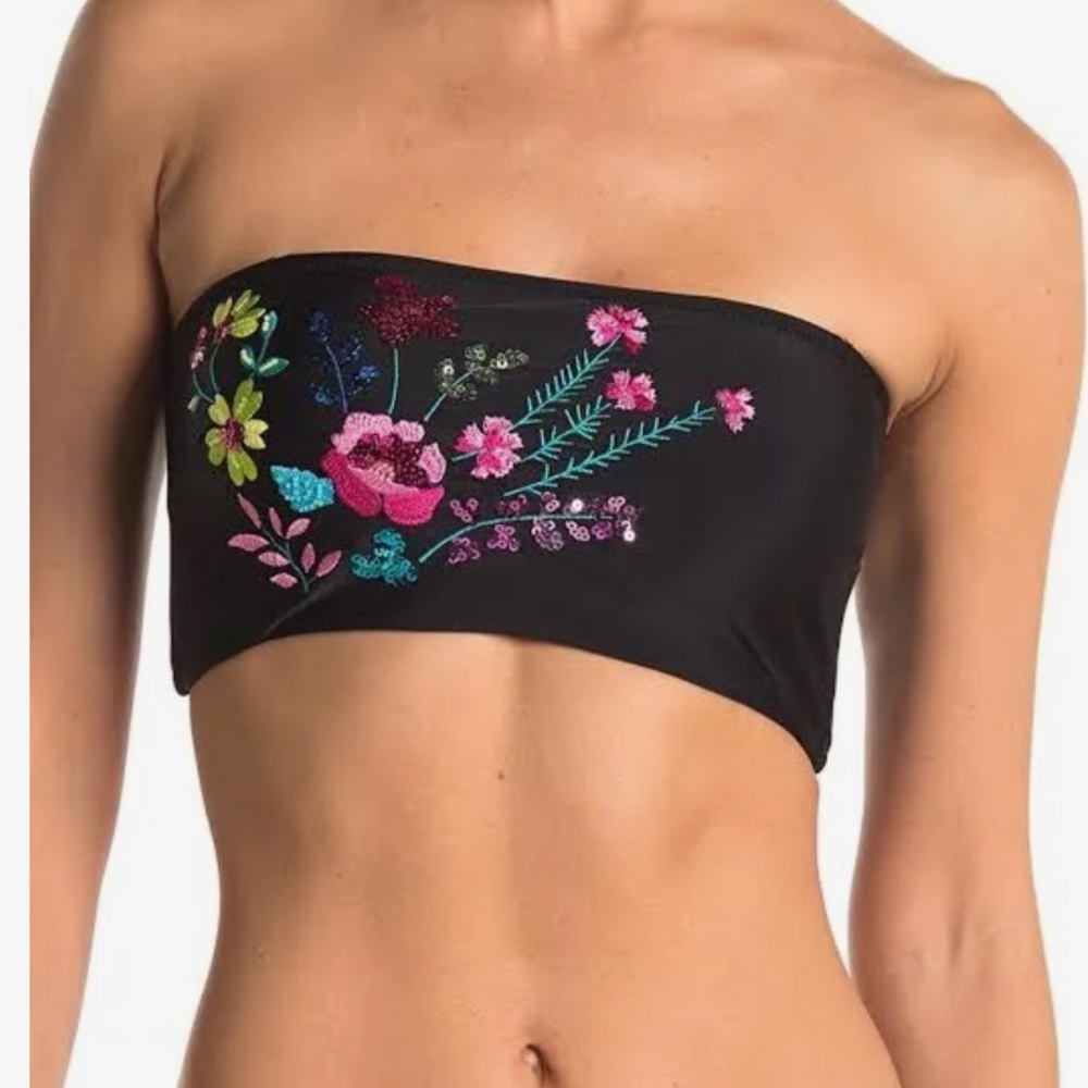 Nanette Lepore Swim Black Embrodiered Sequin Bikini Bandaeu Top 4